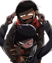 Rule 34 | 10s, 2boys, aged down, akiomi aiko, arm around neck, bad id, bad pixiv id, brothers, brown hair, gakuran, layered clothes, male focus, mask, matsuno ichimatsu, matsuno osomatsu, messy hair, mouth mask, multiple boys, osomatsu-kun, osomatsu-san, osomatsu (series), school uniform, siblings, simple background, smile, surgical mask, upper body, white background