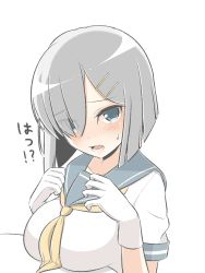 Rule 34 | 10s, 1girl, bad id, bad nicoseiga id, blue eyes, blush, breast rest, breasts, check commentary, commentary request, eyes visible through hair, gloves, hair ornament, hair over one eye, hairclip, hamakaze (kancolle), kantai collection, large breasts, looking at viewer, masupa kiriu, neckerchief, open mouth, school uniform, serafuku, short hair, short sleeves, silver hair, simple background, solo, teeth, translation request, white background, white gloves, yellow neckerchief