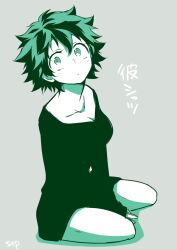 black_dress black_hair boku_no_hero_academia breasts closed_mouth colored_skin dress genderswap genderswap_(mtf) green_background green_eyes green_hair japanese_text looking_at_viewer medium_breasts midoriya_izuku pixiv_id sepuko0 short_dress short_hair simple_background sitting white_skin