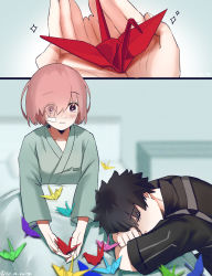 Rule 34 | 1boy, 1girl, alternate costume, bandages, bandaid, bandaid on face, bed, bed sheet, black hair, black shirt, blush, closed eyes, closed mouth, collarbone, commentary request, eyes visible through hair, fate/grand order, fate (series), fujimaru ritsuka (male), fujimaru ritsuka (male) (polar chaldea uniform), hair over one eye, holding, hospital gown, indoors, kaita (mokamilkcup), long sleeves, lying, mash kyrielight, on bed, origami, paper crane, pink hair, pointy hair, polar chaldea uniform, purple eyes, shirt, short hair, short sleeves, sitting, sleeping, twitter username, uniform