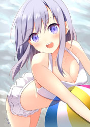 Rule 34 | 1girl, :d, arched back, ball, bare arms, bare shoulders, beach, beachball, bikini, bikini skirt, blue eyes, blush, breasts, cleavage, collarbone, commentary request, cowboy shot, day, halterneck, head tilt, highres, holding, holding ball, leaning forward, long hair, looking at viewer, medium breasts, ocean, open mouth, original, outdoors, revision, sasha chii, sidelocks, signature, silver hair, smile, solo, standing, swimsuit, tareme, teeth, transparent, upper teeth only, water, white bikini