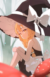 Rule 34 | 1girl, absurdres, adapted costume, apron, bare arms, bare shoulders, bare tree, black dress, black hat, blonde hair, bow, braid, commentary request, dress, feet out of frame, fly agaric, hat, hat bow, highres, hugging own legs, kirisame marisa, knees up, long hair, looking at viewer, mushroom, oeyama, orange eyes, oversized hat, parted lips, single braid, sitting, sleeveless, sleeveless dress, solo, touhou, tree, waist apron, white apron, white bow, witch hat