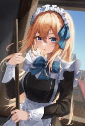 Rule 34 | 1girl, absurdres, apron, blonde hair, blue bow, blue bowtie, blue eyes, blush, bow, bowtie, broom, cleaning, curtains, highres, holding, holding broom, kimae, long hair, long sleeves, looking at viewer, maid, maid apron, maid headdress, open mouth, original, standing, window