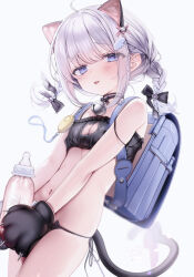 Rule 34 | 1girl, :p, absurdres, animal ears, animal hands, baby bottle, backpack, bag, bare arms, bell, bikini, black bikini, black choker, blue bag, blue eyes, blush, bottle, breasts, cat cutout, cat ears, cat paws, cat tail, choker, cleavage cutout, closed mouth, clothing cutout, commentary, crime prevention buzzer, fake animal ears, fake tail, frilled bikini, frills, gloves, grey hair, hair ornament, highres, holding, jingle bell, looking at viewer, navel, neck bell, original, paw gloves, randoseru, short hair, side-tie bikini bottom, sidelocks, simple background, small breasts, solo, stomach, swimsuit, tail, tongue, tongue out, twitter username, white background, yunmi 0527