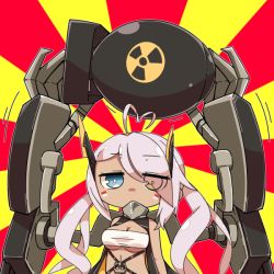 Rule 34 | 1girl, ahoge, arms at sides, azur lane, bandeau, bare arms, bare shoulders, black vest, blue eyes, bomb, breasts, bright pupils, brown eyes, covered mouth, dark-skinned female, dark skin, explosive, eyelashes, eyes visible through hair, facepaint, facing viewer, fat man (nuclear bomb), hair over one eye, hazard symbol, headgear, heterochromia, indianapolis (azur lane), jitome, long hair, low twintails, medium breasts, midriff, motion lines, multicolored background, nuclear weapon, odabuts, radiation symbol, red background, sidelocks, silver hair, solo, strapless, sunburst, tube top, twintails, two-tone background, underboob, upper body, very long hair, vest, weapon of mass destruction, white pupils, yellow background