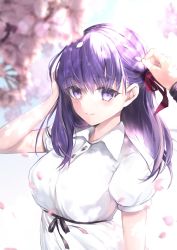 Rule 34 | 1girl, black ribbon, blurry, blurry foreground, breasts, commentary request, dress, fate/stay night, fate (series), hair ribbon, hane yuki, highres, large breasts, long hair, looking at viewer, matou sakura, official alternate costume, purple eyes, purple hair, red ribbon, ribbon, smile, solo focus
