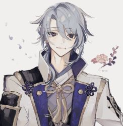 Rule 34 | 1boy, armor, bad id, bad twitter id, blue hair, closed mouth, commentary request, flower, genshin impact, grey background, hair between eyes, highres, japanese armor, japanese clothes, kamisato ayato, looking at viewer, male focus, mole, mole under mouth, petals, purple eyes, sho yai, signature, simple background, solo, tassel, upper body