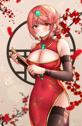 Rule 34 | 1girl, :/, absurdres, alternate costume, alternate hairstyle, black sleeves, black thighhighs, blurry, blurry foreground, blush, branch, breasts, chest jewel, china dress, chinese clothes, cleavage, closed mouth, detached sleeves, dress, drop earrings, earrings, eeveestrations, flower, folding fan, hair bun, hand fan, highres, holding, holding fan, jewelry, large breasts, pyra (xenoblade), red dress, red flower, side slit, simple background, sleeveless, sleeveless dress, solo, swept bangs, thighhighs, tiara, xenoblade chronicles (series), xenoblade chronicles 2