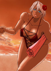 Rule 34 | beach, breasts, christie (doa), dead or alive, flower, hair flower, hair ornament, holding hands, large breasts, ocean, papepox2, sunset, tecmo, white hair