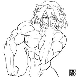 Rule 34 | 1boy, abs, alternate design, astolfo (fate), bow, clenched hand, fate/apocrypha, fate/grand order, fate (series), greyscale, hair bow, hair intakes, hair ribbon, highres, jamrolypoly, jojo no kimyou na bouken, jojo pose, large pectorals, looking at viewer, male focus, medium hair, monochrome, muscular, navel, nipples, open hand, pectorals, ribbon, simple background, smile, solo, upper body, white background