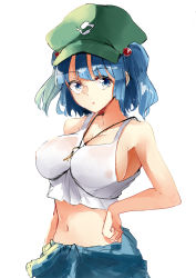 Rule 34 | 1girl, blue eyes, blue hair, blunt bangs, breasts, clothes around waist, covered erect nipples, deetamu, flat cap, green hat, hand on own hip, hat, highres, jacket, jacket around waist, kawashiro nitori, key, large breasts, medium hair, see-through, see-through shirt, shirt, short twintails, sidelocks, simple background, solo, touhou, twintails, two side up, wet, wet clothes, wet shirt, white background
