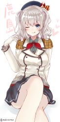 Rule 34 | 10s, 1girl, ;q, bad id, bad twitter id, beret, buttons, chiune (yachi), epaulettes, frilled sleeves, frills, gloves, grey eyes, hat, highres, kantai collection, kashima (kancolle), kerchief, looking at viewer, military, military uniform, miniskirt, one eye closed, pleated skirt, sidelocks, silver hair, sitting, skirt, solo, tongue, tongue out, tsurime, twintails, uniform, wavy hair, white gloves
