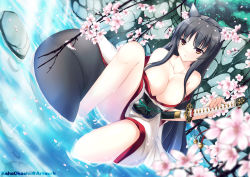 Rule 34 | 1girl, animal ears, artist name, black hair, breasts, brown eyes, cherry blossoms, collarbone, flower, huge breasts, japanese clothes, kaho okashii, katana, leg up, legs, light rays, long hair, original, partially submerged, petals, scabbard, sheath, sitting, solo, sunbeam, sunlight, sword, thighs, very long hair, water, watermark, weapon