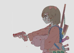 Rule 34 | 1girl, absurdres, avogado6, axe, beretta px4 storm, blood, blood on clothes, blood on face, blood splatter, bloody weapon, bow, brown hair, commentary request, finger on trigger, from side, gun, gun sling, hair bow, handgun, highres, holding, holding gun, holding weapon, jacket, kawaii girl (avogado6), long sleeves, magazine (weapon), mk2 (grenade), orange jacket, original, pink bow, pistol, profile, pump action, shotgun, simple background, smoke, smoking gun, solo, stuffed animal, stuffed toy, sword, teddy bear, twintails, weapon, white background
