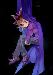 Rule 34 | 1boy, absurdres, black background, black hair, blonde hair, dated commentary, dyed bangs, floating, from side, full body, hair between eyes, highres, hugging own legs, less end, long sleeves, looking at viewer, male focus, multicolored hair, muto yugi, pants, purple eyes, purple hair, purple shirt, shirt, signature, solo, spiked hair, yu-gi-oh!, yu-gi-oh! the dark side of dimensions