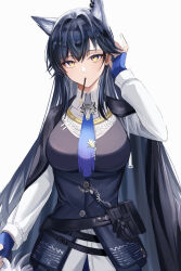 Rule 34 | 1girl, absurdres, animal ear fluff, animal ear piercing, animal ears, arknights, belt, belt buckle, belt pouch, black belt, black hair, black jacket, black vest, blue eyes, blue gloves, blue necktie, breasts, buckle, buttons, closed mouth, collared shirt, colored inner hair, commentary request, dress shirt, extra ears, eyelashes, fingerless gloves, food, food in mouth, gloves, grey hair, hair between eyes, hair intakes, hand in own hair, hand up, high collar, highres, jacket, jacket on shoulders, long hair, long sleeves, looking at viewer, medium breasts, mouth hold, multicolored hair, multiple belts, necktie, official alternate costume, ohagi umeume, open clothes, open jacket, pocky, pouch, shadow, shirt, simple background, solo, standing, straight-on, straight hair, swept bangs, texas (arknights), texas the omertosa (arknights), torn clothes, torn necktie, two-tone eyes, two-tone hair, upper body, very long hair, vest, white background, white shirt, wing collar, wolf ears, wolf girl, yellow eyes