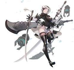 Rule 34 | 1girl, absurdres, android, ass, black dress, blindfold, boots, breasts, dress, feather-trimmed sleeves, hairband, high heel boots, high heels, highres, large breasts, nier (series), nier:automata, puffy sleeves, short hair, silver hair, solo, soul calibur, soulcalibur vi, sword, thigh boots, thighhighs, weapon, 2b (nier:automata)