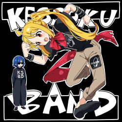 Rule 34 | absurdres, ahoge, album cover redraw, belt, black background, blonde hair, blue hair, bocchi the rock!, bow, bowtie, bracelet, derivative work, goumonsha, highres, ijichi nijika, jewelry, leaning forward, long hair, mouth hold, open mouth, operation ivy, orange eyes, pants, side ponytail, stalk in mouth, studded bracelet, sunglasses, yamada ryo