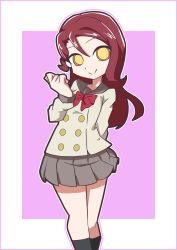 Rule 34 | 1girl, absurdres, arm behind back, artist name, artist request, bare legs, blush, bow, breasts, brown hair, clenched hand, collarbone, collared shirt, female focus, grey skirt, growball, hair ornament, hairclip, highres, long hair, looking at viewer, love live!, love live! sunshine!!, miniskirt, otonokizaka school uniform, parted lips, pleated skirt, red bow, red hair, red neckwear, sakurauchi riko, school uniform, shirt, skirt, smile, solo, white shirt, yellow eyes