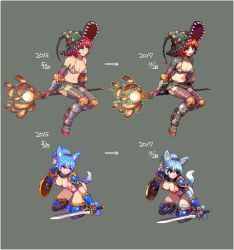 Rule 34 | 2girls, bikini, blue hair, breasts, character request, cleavage, commentary request, copyright request, dated, full body, garter straps, grey background, holding, holding sword, holding weapon, miniskirt, multiple girls, pink bikini, pixel art, red bikini, red hair, redrawn, shirosu, simple background, sitting, skirt, striped clothes, striped thighhighs, swimsuit, sword, thighhighs, weapon