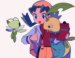 Rule 34 | 1girl, :d, backpack, bag, bayleef, bike shorts, blue eyes, blue hair, celebi, commentary request, creatures (company), cropped jacket, eyelashes, game freak, gen 2 pokemon, hat, hiding, hiding behind another, holding, holding strap, jacket, kris (pokemon), legendary pokemon, long hair, mythical pokemon, nintendo, open clothes, open jacket, open mouth, orange headwear, parted bangs, pink bag, pokemon, pokemon (creature), pokemon gsc, quagsire, red shirt, shirt, simple background, smile, twintails, tyako 089, white background