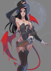 Rule 34 | 1other, androgynous, bare shoulders, belt, black hair, boots, brown belt, demon tail, demon wings, dungeonbgm, elbow gloves, fingerless gloves, gloves, guilty gear, guilty gear strive, hat, highres, long hair, looking at viewer, red eyes, red tail, red wings, scythe, skull, smile, solo, tail, testament (guilty gear), thigh boots, top hat, wings