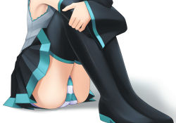 Rule 34 | 1girl, armpits, black thighhighs, boots, close-up, detached sleeves, eto, hatsune miku, hugging own legs, panties, pantyshot, pleated skirt, sitting, skirt, solo, striped clothes, striped panties, thigh boots, thighhighs, underwear, upskirt, vocaloid