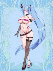 Rule 34 | 1girl, absurdly long hair, arm strap, bare shoulders, belt, bikini, black belt, blue hair, bracelet, breast press, breasts, character request, choker, clam, cleavage, cocytus (wind master), commentary request, covered erect nipples, dairoku ryouhei, elbow gloves, gloves, groin, hair over one eye, harness, heart, heart-shaped ornament, high heels, highres, horns, jewelry, large breasts, long hair, micro bikini, navel, o-ring, o-ring harness, pink eyes, see-through, side-tie bikini bottom, side ponytail, sideboob, single bare arm, single bare leg, single elbow glove, single horn, single thighhigh, skindentation, smile, solo, standing, starfish, stomach, strapless, strapless bikini, swimsuit, thighhighs, underboob, very long hair, waving
