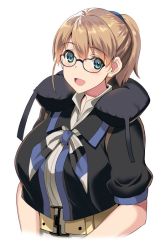 Rule 34 | 1girl, belt, bespectacled, black-framed eyewear, black shirt, blue eyes, breasts, brown hair, glasses, grey neckwear, intrepid (kancolle), kantai collection, kyogoku shin, large breasts, looking at viewer, multicolored neckerchief, neck pillow, neckerchief, open mouth, ponytail, shirt, short hair, simple background, smile, solo, upper body, white background