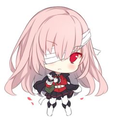 Rule 34 | 1girl, :&lt;, adjusting clothes, adjusting gloves, bad id, bad twitter id, bandage over one eye, belt, black jacket, black skirt, blush, boots, chibi, closed mouth, fate/grand order, fate (series), florence nightingale (fate), florence nightingale (third ascension) (fate), full body, gloves, hair between eyes, hitsukuya, jacket, jacket on shoulders, knee boots, long hair, long sleeves, looking at viewer, pantyhose, pink hair, pleated skirt, red eyes, red jacket, simple background, skirt, solo, standing, star (symbol), very long hair, white background, white belt, white footwear, white gloves, white pantyhose