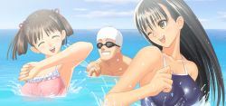 Rule 34 | 00s, 1boy, 2girls, armpits, black hair, blush, brown eyes, casual one-piece swimsuit, competition school swimsuit, closed eyes, frills, goggles, grin, hair ribbon, happy, long hair, mizushima asa, multiple girls, one-piece swimsuit, one eye closed, ribbon, school swimsuit, smile, sora no iro mizu no iro, sorayama natsume, splashing, swim cap, swimsuit, tony taka, twintails, unno juuzou, wading, water, wet, wink