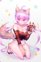 Rule 34 | 10s, 1girl, ahoge, animal ears, animal hands, bad id, bad pixiv id, bare shoulders, blush, breasts, cleavage, closed mouth, fang, full body, gloves, highres, long hair, medium breasts, navel, no pants, panties, paw gloves, paw shoes, purple eyes, seiza, senki zesshou symphogear, shiny skin, shirt, shoes, sitting, solo, star (symbol), striped clothes, striped shirt, tail, torn clothes, torn shirt, twintails, underwear, very long hair, white panties, wolf ears, wolf tail, yukine chris, zeolch