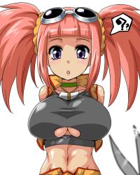 Rule 34 | 00s, :o, ?, arms behind back, blush, breasts, choker, cleavage cutout, climax entertainment, clothing cutout, dinosaur king, goggles, jacket, jewelry, kitsune-tsuki (getter), large breasts, midriff, navel, necklace, open mouth, pink hair, purple eyes, scissors, sega, shirt, tatsuno malm, taut clothes, taut shirt, twintails