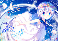 Rule 34 | 1girl, :d, bare arms, bare shoulders, blue eyes, blue flower, blue hair, blue pansy, blue sailor collar, blush, character name, chinomaron, commentary request, dress, flower, flower wreath, frilled dress, frills, gochuumon wa usagi desu ka?, gradient hair, hair between eyes, hair ornament, happy birthday, head wreath, kafuu chino, long hair, looking at viewer, multicolored hair, open mouth, pansy, petals, purple flower, purple pansy, sailor collar, sailor dress, signature, silver hair, sleeveless, sleeveless dress, smile, solo, white dress, white flower, x hair ornament, yellow flower, yellow pansy