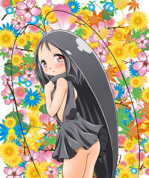 Rule 34 | 1girl, :o, antennae, bad id, bad pixiv id, bare arms, black dress, black hair, blush, bug, cherry blossoms, cockroach, cowboy shot, dress, floral background, flower, from side, ginkgo tree, gokicha, gokicha (character), highres, bug, leaf, looking at viewer, maple leaf, morning glory, no panties, personification, red eyes, short dress, sleeveless, sleeveless dress, smile, solo, sunflower, turtleneck, yoshitani motoka