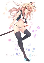 Rule 34 | 1girl, absurdres, ahoge, animal ear fluff, animal ears, bare arms, black thighhighs, blush, cameltoe, cat ears, crop top, eyebrows, floral background, full body, groin, hair between eyes, hair flaps, hair ornament, highres, hip bones, holding, holding sword, holding weapon, leaning forward, long hair, looking at viewer, navel, original, parted lips, school uniform, sheath, sheathed, si xia daze, sleeveless, solo, standing, standing on one leg, stomach, sword, thick eyebrows, thighhighs, thong, weapon, x hair ornament