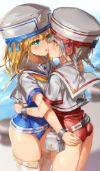 Rule 34 | 2girls, absurdres, aqua eyes, ass, ass grab, belt, blue one-piece swimsuit, blush, braid, breast press, brown eyes, brown hair, commentary request, eye contact, face-to-face, facing another, grabbing another&#039;s ass, grey hair, groping, hands on ass, hat, highres, imminent kiss, looking at another, medium hair, michairu, multiple girls, one-piece swimsuit, open mouth, original, pouch, red one-piece swimsuit, sailor collar, sailor hat, socks, standing, swimsuit, swimsuit under clothes, symmetrical docking, thighhighs, twin braids, white headwear, white socks, yuri