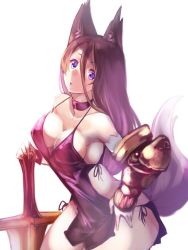 Rule 34 | 1girl, animal ears, armor, black dress, breasts, brown hair, choker, cleavage, dress, fox ears, fox tail, hair between eyes, hand on own hip, large breasts, leaning forward, looking at viewer, open mouth, original, purple eyes, short dress, simple background, solo, sumisu (mondo), sword, tail, weapon, white background