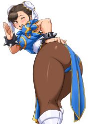 Rule 34 | 1girl, ass, blush, boots, bracelet, breasts, brown eyes, brown hair, capcom, china dress, chinese clothes, chun-li, commentary request, double bun, dress, fingernails, hair bun, hair ornament, highres, jewelry, knee boots, looking back, medium breasts, one eye closed, open mouth, pantyhose, puffy short sleeves, puffy sleeves, shigenobu, shiny clothes, shiny skin, short sleeves, simple background, smile, solo, spiked bracelet, spikes, street fighter, street fighter ii (series), sweat, sweatdrop, thighs, underwear, white background, white footwear