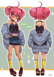 Rule 34 | 1girl, :q, ahoge, bandaid, bandaid on knee, bandaid on leg, bare shoulders, belt, black-framed eyewear, black choker, blue jacket, blue skirt, boots, camisole, choker, commentary request, elf, english text, eyes visible through hair, glasses, hand on own hip, highres, iraruju, iriam, jacket, long sleeves, looking at viewer, multiple views, off shoulder, pigeon-toed, pink eyes, pink hair, platform boots, platform footwear, pointy ears, polka dot, short hair, signature, skirt, smile, socks, sparkle, standing, star (symbol), star print, striped background, striped clothes, striped legwear, striped socks, tanyatonya, tongue, tongue out, twintails, v-shaped eyebrows, virtual youtuber, yellow legwear