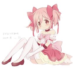 Rule 34 | 1girl, absurdres, blush, bow, bowtie, choker, closed mouth, detached sleeves, dot nose, dress, elbow gloves, flats, full body, gloves, hair bow, hand on own leg, highres, hitode, kaname madoka, knees up, looking at viewer, mahou shoujo madoka magica, mahou shoujo madoka magica: concept movie, mahou shoujo madoka magica: walpurgis no kaiten, petticoat, pink bow, pink bowtie, pink eyes, pink gemstone, pink hair, puffy short sleeves, puffy sleeves, red choker, red dress, red footwear, shoes, short dress, short hair, short sleeves, sidelocks, simple background, sitting, smile, solo, strapless, strapless dress, thighhighs, twintails, white background, white gloves, white sleeves, white thighhighs