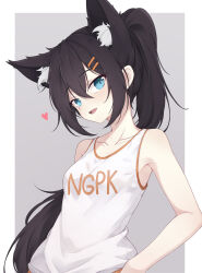 Rule 34 | 1girl, absurdres, animal ear fluff, animal ears, black hair, blue eyes, cat ears, collarbone, extra ears, hair ornament, hairclip, heart, highres, long hair, looking at viewer, open mouth, original, ponytail, shirt, simple background, solo, t-shirt, trimbil, white shirt