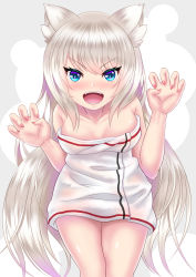 Rule 34 | 1girl, :d, animal ears, azur lane, bad id, bad pixiv id, bare shoulders, blue eyes, blush, breasts, cat ears, cat girl, claw pose, commentary request, cowboy shot, fangs, hair between eyes, hammann (azur lane), highres, leaning forward, long hair, looking at viewer, medium breasts, nail polish, naked towel, open mouth, red nails, shirokuro (monochrome0226), silver hair, small breasts, smile, solo, towel, very long hair, white towel