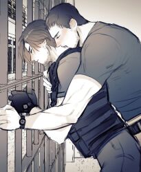 Rule 34 | 05 (link83601636), 2boys, against fence, bara, beard, beard stubble, blush, brown theme, bulletproof vest, chris redfield, closed eyes, dry humping, facial hair, feet out of frame, fence, from side, gloves, highres, humping, kiss, kissing neck, leaning on person, leon s. kennedy, male focus, mature male, multiple boys, mustache stubble, muted color, nipples, resident evil, saliva, short hair, sideburns, stubble, toned, toned male, tongue, torogao, yaoi
