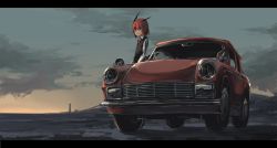 Rule 34 | 1girl, :/, alternate hair length, alternate hairstyle, bad id, bad pixiv id, bat wings, cacao choco mame, car, cloud, dress shirt, expressionless, head wings, koakuma, letterboxed, lighthouse, long sleeves, low wings, morning, motor vehicle, necktie, red eyes, red hair, shirt, short hair, sky, solo, sunrise, touhou, vehicle, vehicle focus, vest, white shirt, wings