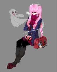 Rule 34 | 1girl, bad id, bad pixiv id, bag, black eyes, breath, coat, cold, contemporary, crown, curly hair, female focus, ghost, gloves, highres, kumacy, leg warmers, long hair, mini crown, one piece, pantyhose, patterned legwear, perona, pink hair, red scarf, scarf, simple background, sitting, solo, tekebotti, twintails, very long hair, winter clothes