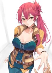 Rule 34 | 1girl, black choker, breasts, choker, cleavage, collarbone, commentary, commission, eiyuu densetsu, english commentary, hair between eyes, highres, kauru00, large breasts, long hair, looking at viewer, pov, red hair, sara valestein, sen no kiseki, simple background, smile, solo focus, standing, white background, yellow eyes