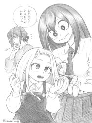 Rule 34 | 1boy, 2girls, absurdres, alternate hairstyle, asui tsuyu, boku no hero academia, bow-shaped hair, child, closed mouth, collared shirt, commentary request, dress, eraser head (boku no hero academia), eri (boku no hero academia), facial hair, frown, graphite (medium), greyscale, hair ribbon, hairdressing, highres, horikoshi kouhei (style), horns, imoan atag, long hair, long sleeves, looking at another, monochrome, multiple girls, necktie, official style, open mouth, pleated skirt, ribbon, shirt, single horn, skirt, smile, stubble, traditional media, twitter username