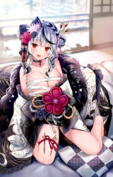 Rule 34 | 1girl, :d, black choker, black hair, blush, braid, breasts, budget sarashi, chest sarashi, choker, commentary request, fang, flower, frilled sleeves, frills, fur trim, hair bun, hair flower, hair ornament, hair ribbon, hair stick, highres, hololive, indoors, japanese clothes, kimono, kneeling, large breasts, long hair, long sleeves, looking at viewer, multicolored hair, nail polish, off shoulder, open mouth, print kimono, red eyes, red nails, rei (rei&#039;s room), ribbon, sakamata chloe, sakamata chloe (new year), sarashi, silver hair, single hair bun, sleeves past wrists, smile, solo, streaked hair, tassel, virtual youtuber