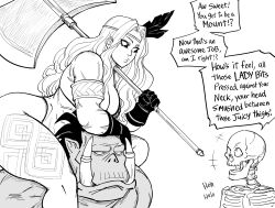 Rule 34 | +++, 1boy, 1girl, 1koma, abs, absurdres, amazon (dragon&#039;s crown), arm rest, armlet, axe, battle axe, bb (baalbuddy), bikini, breasts, carrying, circlet, cleavage, comic, curvy, dragon&#039;s crown, english text, feather hair ornament, feathers, gloves, greyscale, hair ornament, head between thighs, highres, holding, holding axe, holding weapon, large breasts, leaning forward, long hair, looking at another, monochrome, orc, shoulder carry, skeleton, stomach, swimsuit, very long hair, weapon